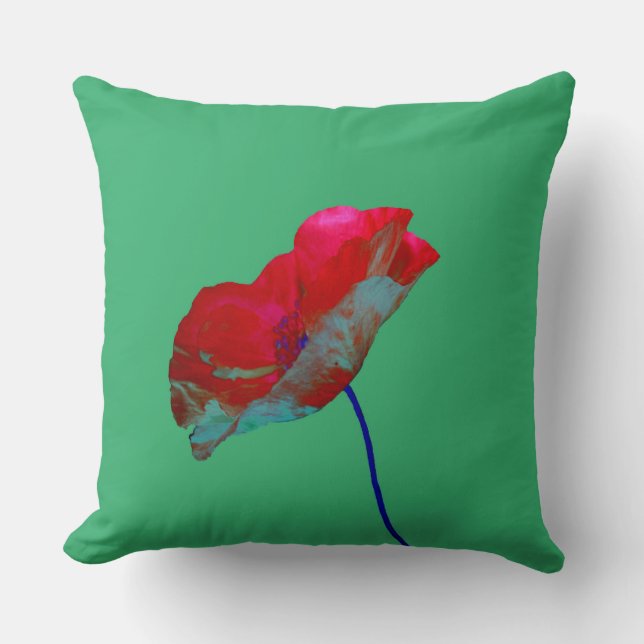 Red blue poppy on emerald green cushion (Front)
