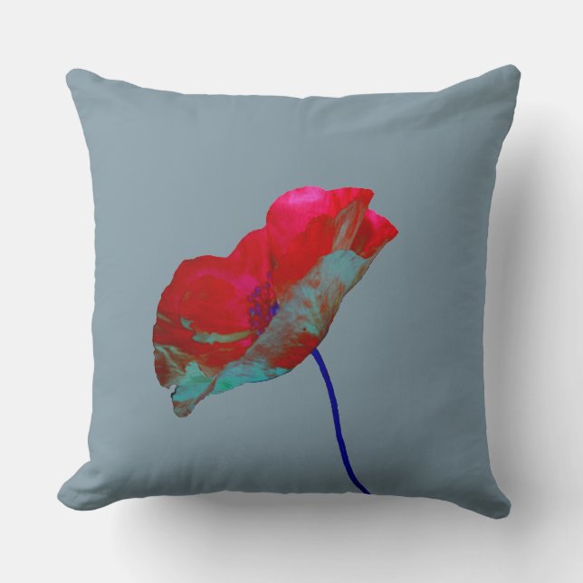Red blue poppy on grey cushion (Front)