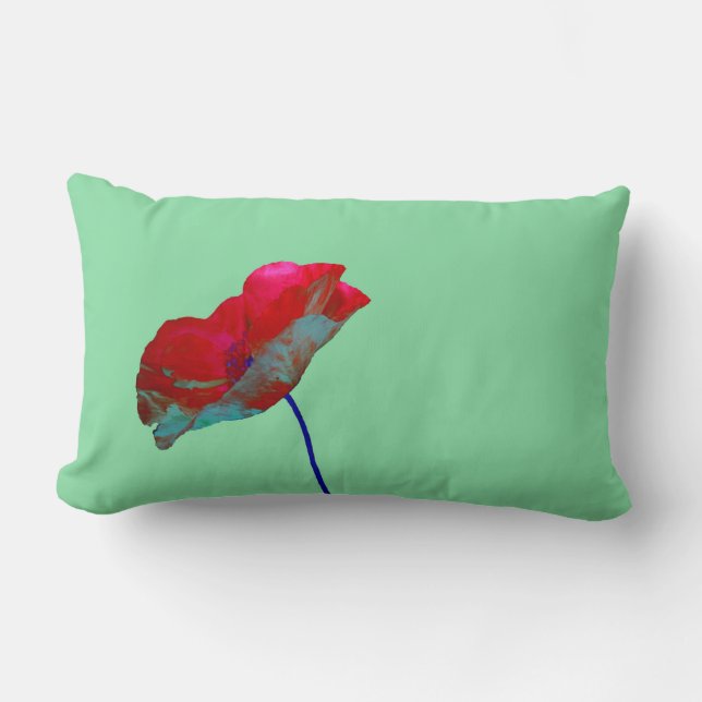 Red blue poppy on mint green lumbar cushion (Front)