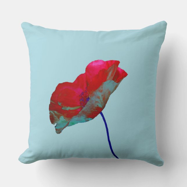 Red blue poppy on pastel blue cushion (Front)
