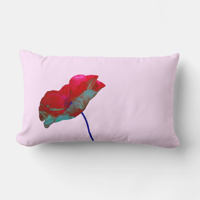 Red blue poppy on pastel pink lumbar cushion (Front)