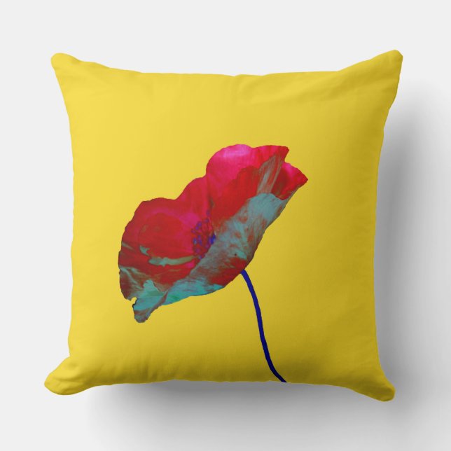 Red blue poppy on sunny yellow cushion (Front)