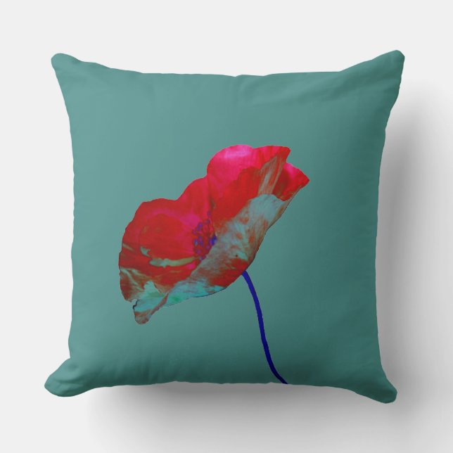 Red blue poppy on teal cushion (Front)