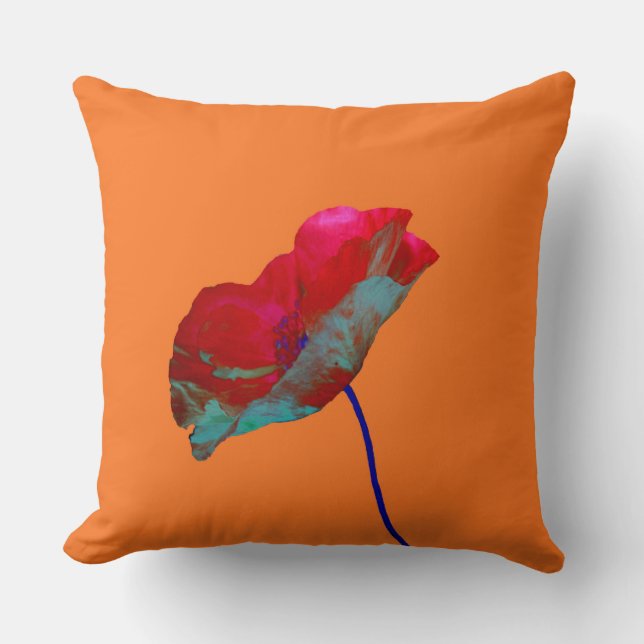 Red blue poppy on warm orange cushion (Front)