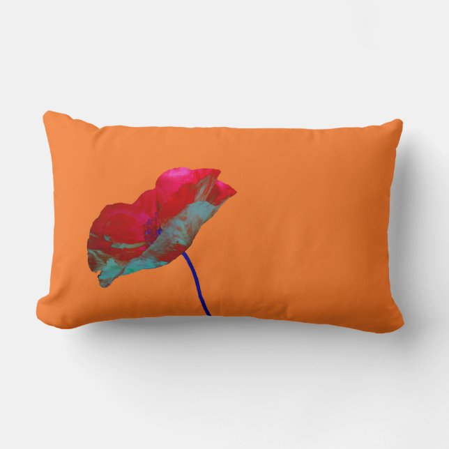Red blue poppy on warm orange lumbar cushion (Front)