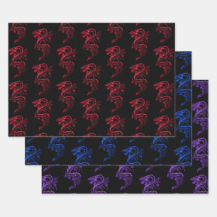 Red Blue & Purple Asian Dragons Collection Wrapping Paper Sheet