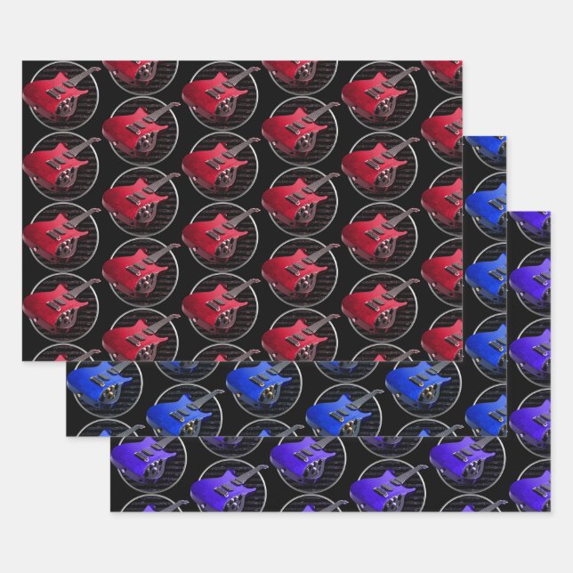 Red Blue & Purple Electric Guitars Wrapping Paper Sheet (Set)