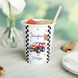 Red Blue Race Car Gold Stars Birthday Paper Cups