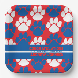 Red & Blue Repeating Pawprint Personalised Paper Plate