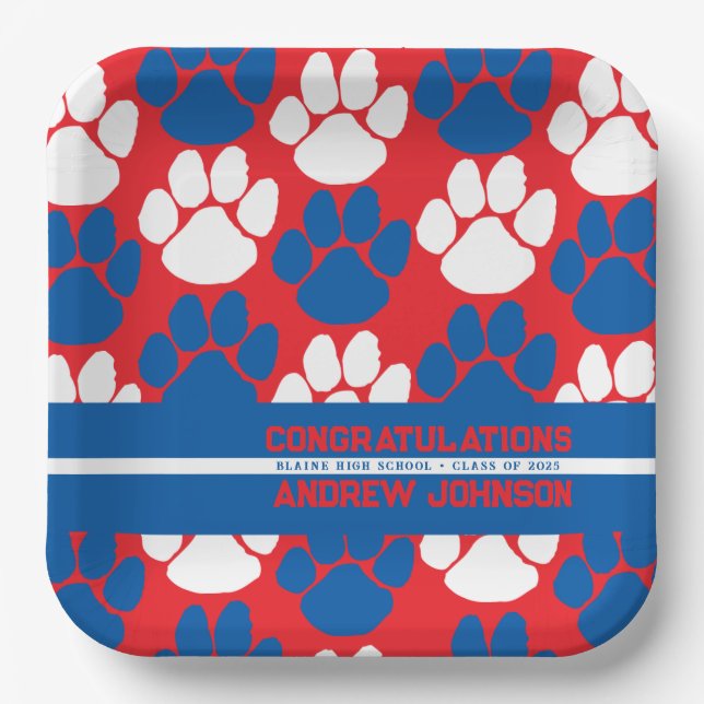 Red & Blue Repeating Pawprint Personalised Paper Plate (Front)
