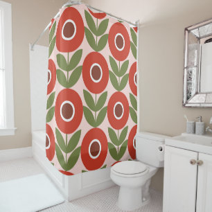 Red,blue,retro,flower pattern,vintage,Scandinavian Shower Curtain