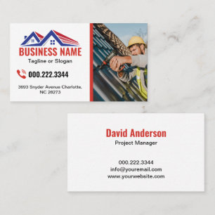 Red Blue Roofing House Building Photo Business Card