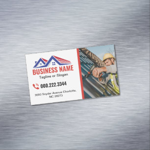 Red Blue Roofing House Building Photo Magnetic Business Card
