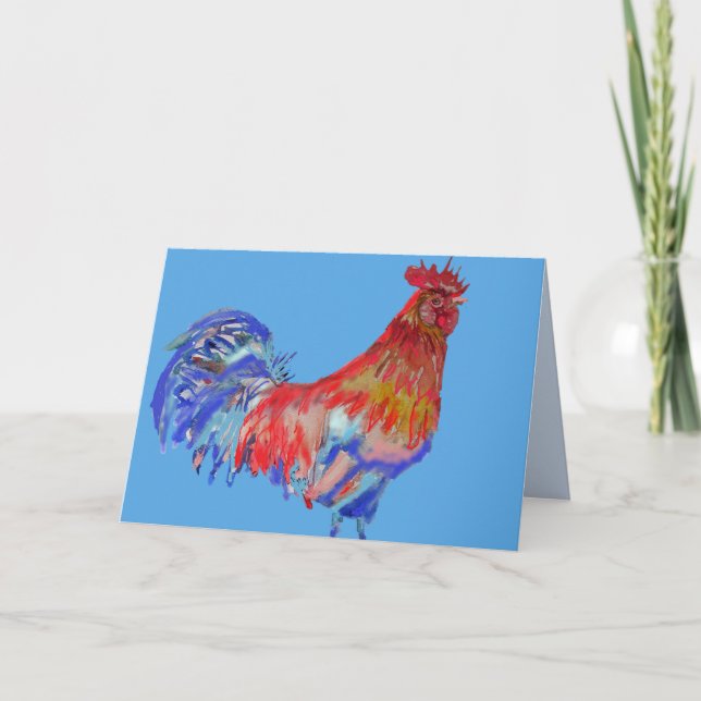 Red Blue Rooster Chicken Bird Watercolor Card (Front)