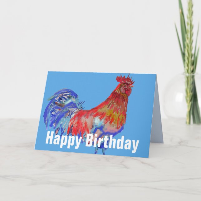 Red Blue Rooster Watercolor Chicken Roosters birds Card (Front)