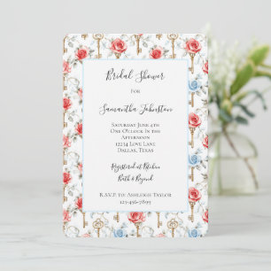Red Blue Roses Gold Keys Bridal Shower Invitation