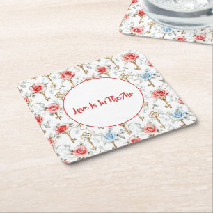 Red Blue Roses Gold Keys Wedding Square Paper Coaster