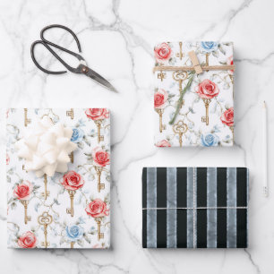 Red Blue Roses Keys Bridal Shower Wrapping Paper Sheet