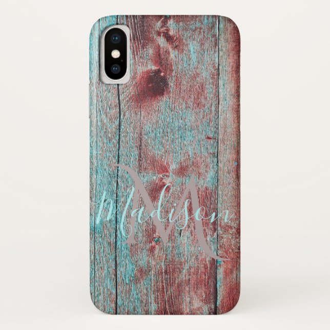 Red Blue Rustic Wood  Initial Name Case-Mate iPhone Case (Back)