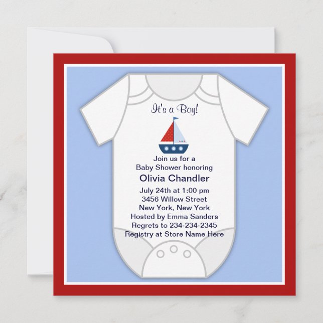 Red Blue Sailboat Baby Boy Shower Invitation (Front)