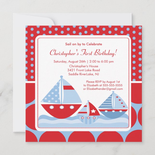 Red & Blue Sailboat Birthday Invitation (Front)