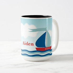 Red & Blue Sailboat on Water Waves, Personalised Two-Tone Coffee Mug