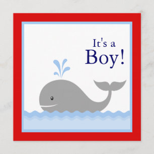 Red Blue Sailboat Whale Baby Boy Shower Invitation