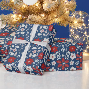 Red & Blue Scandinavian Winter Blooms Wrapping Paper