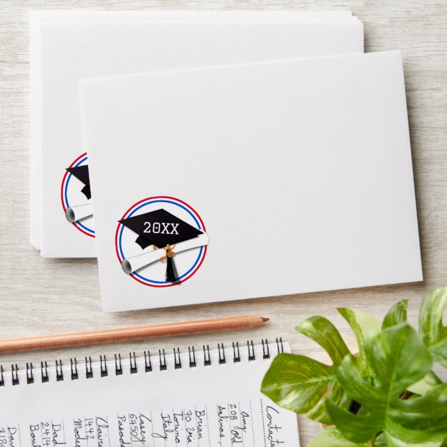 Red - Blue School Colours Grad Cap Graduation Envelope (Stacked)