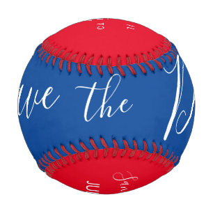 Red Blue Script Heart Save the Dates Baseball