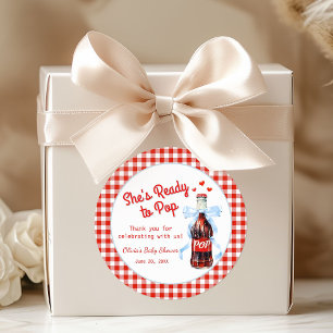Red & Blue She's Ready to Pop Baby Shower  Classic Round Sticker