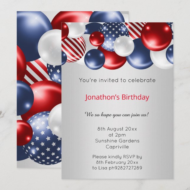 RED BLUE SILVER PATRIOTIC BALLOON  INVITATION (Front/Back)