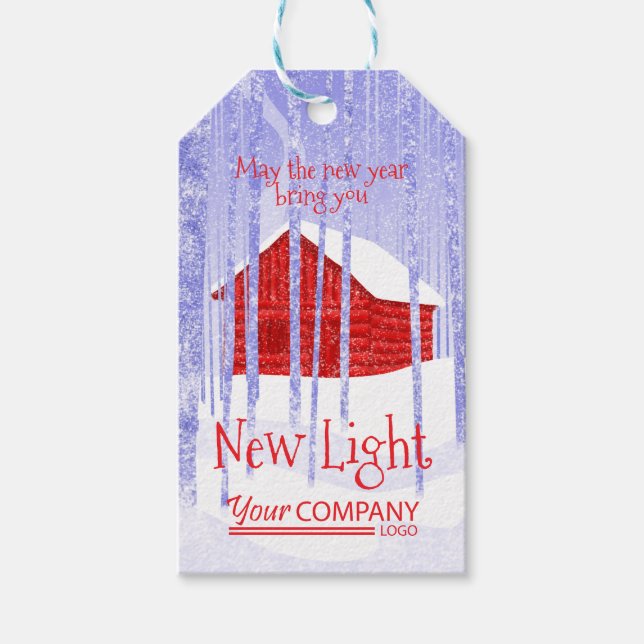 Red, Blue Snow Cabin Christmas Gift Label (Front)