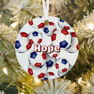 red blue soccer balls sports keepsake metal tree decoration