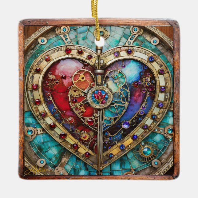 Red & Blue Stained Glass Heart Steampunk Series Ceramic Ornament (Front)