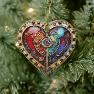 Red & Blue Stained Glass Heart Steampunk Series Ceramic Tree Decoration