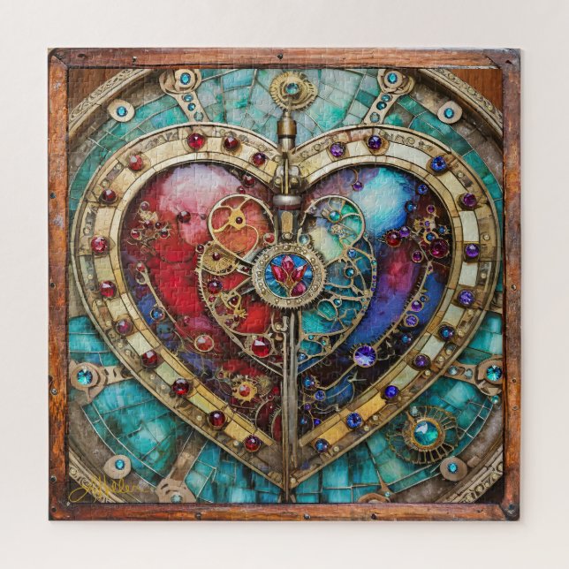 Red & Blue Stained Glass Heart Steampunk Series Jigsaw Puzzle (Vertical)