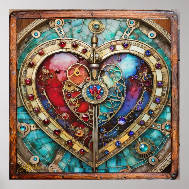Red & Blue Stained Glass Heart Steampunk Series Poster (Front)