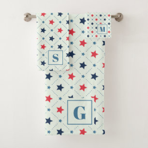 Red Blue Star Dot Line Geometric Pattern Monogram Bath Towel Set