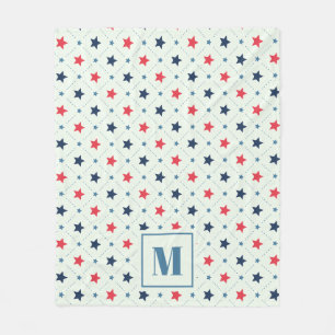 Red Blue Star Dot Line Geometric Pattern Monogram Fleece Blanket