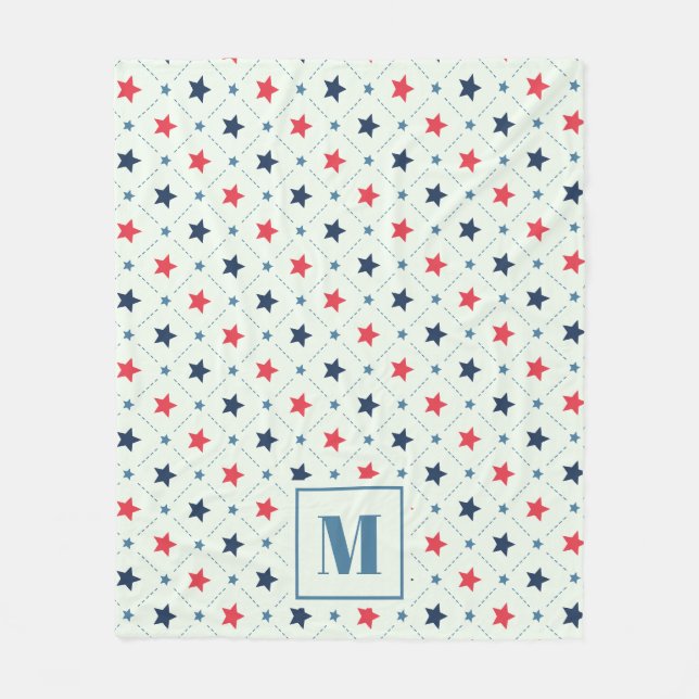 Red Blue Star Dot Line Geometric Pattern Monogram Fleece Blanket (Front)