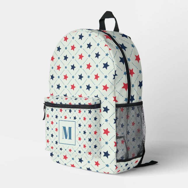 Red Blue Star Dot Line Geometric Pattern Monogram Printed Backpack (Back Corner Right)
