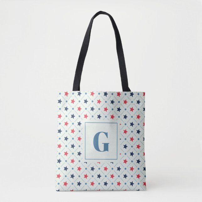 Red Blue Star Dot Line Geometric Pattern Monogram Tote Bag (Front)