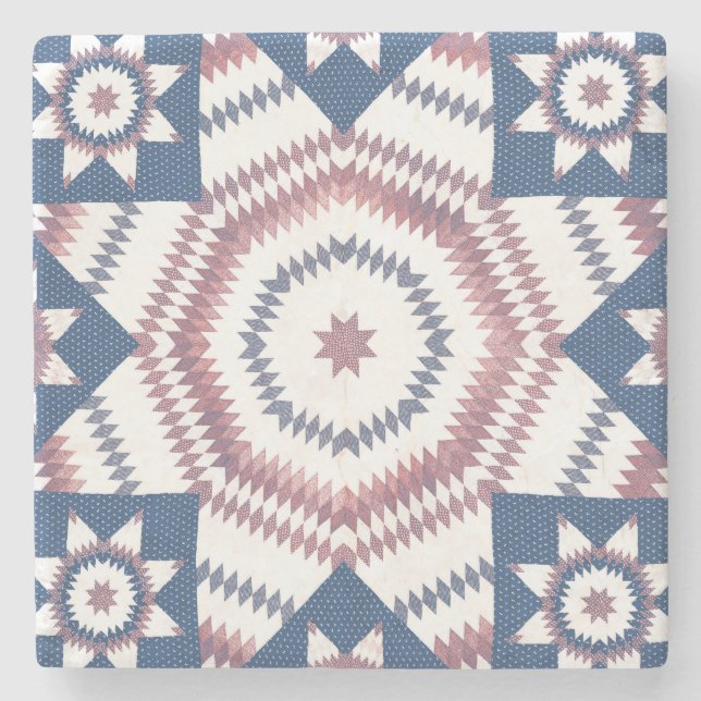 Red Blue Star Vintage Quilt Pattern Art Coaster (Front)