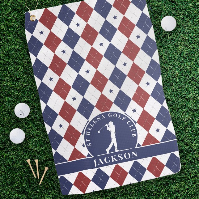 Red Blue Stars Argyle Personalised Monogram Golf Towel (Creator Uploaded)