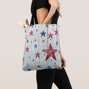 RED & BLUE STARS ON WHITE WOOD LOOK BACKGROUND TOTE BAG
