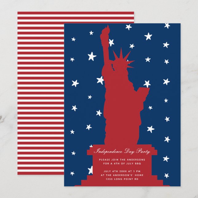 Red Blue Stars Statue of Liberty 4th of July Party Invitation (Front/Back)