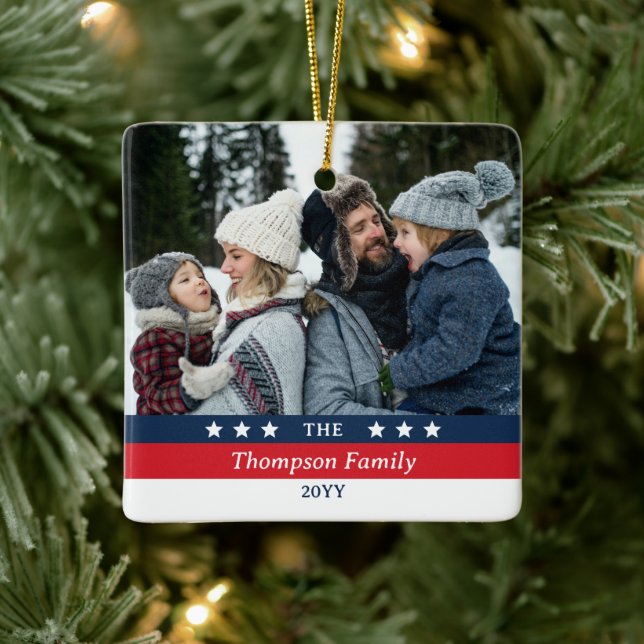 Red Blue Stars Stripes Family Photo Christmas Ceramic Ornament (Tree)