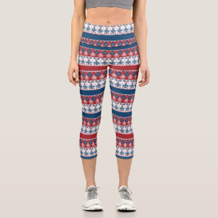 Red Blue Striped Norwegian Pattern  Capri Leggings