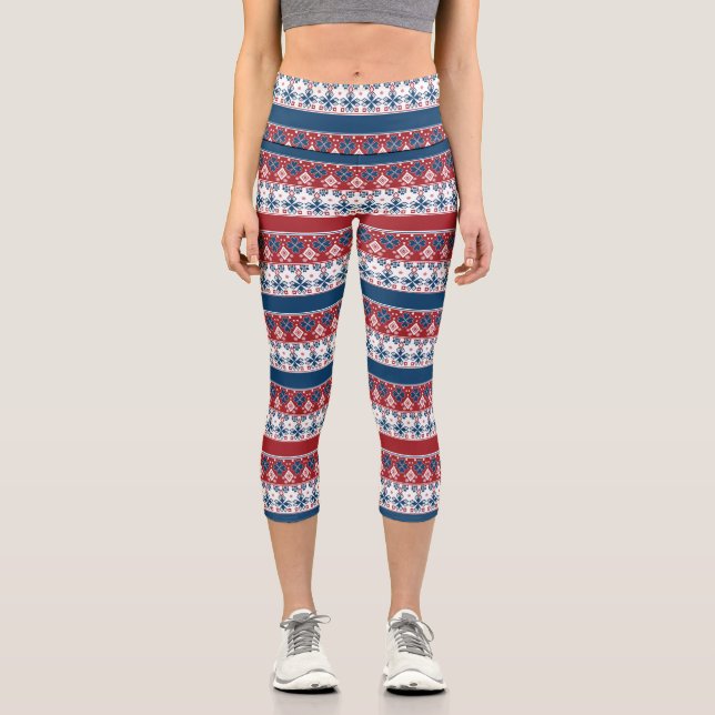Red Blue Striped Norwegian Pattern  Capri Leggings (Front)